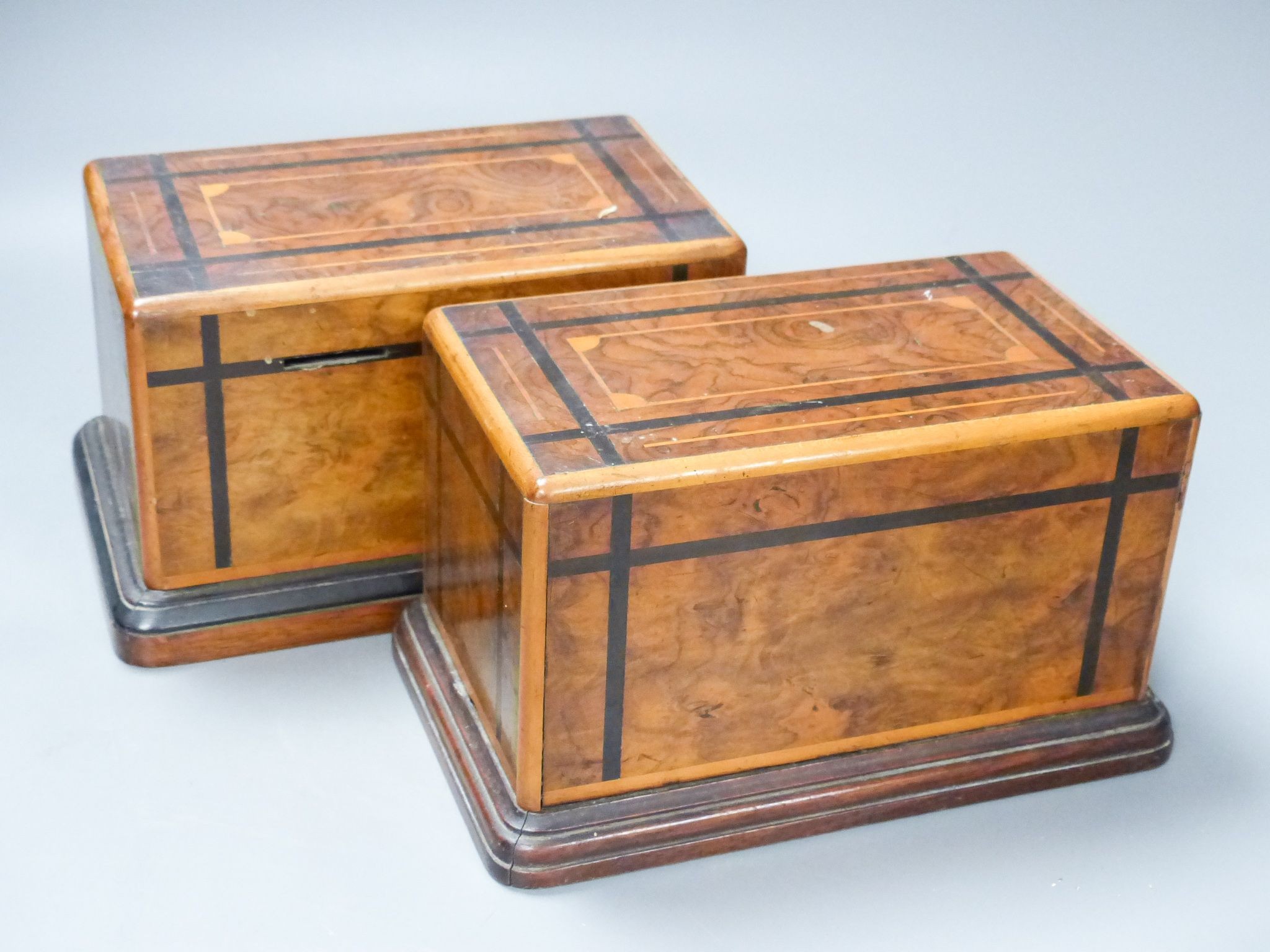 A pair of Victorian inlaid burr walnut money boxes 22cm